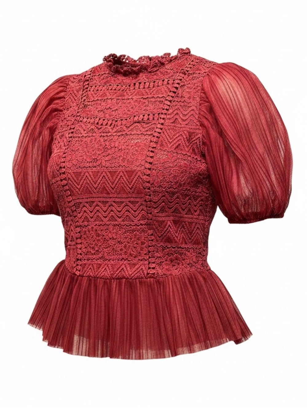 Haute Monde Red Lace & Mesh Puff Sleeve Peplum Blouse Mock Neck